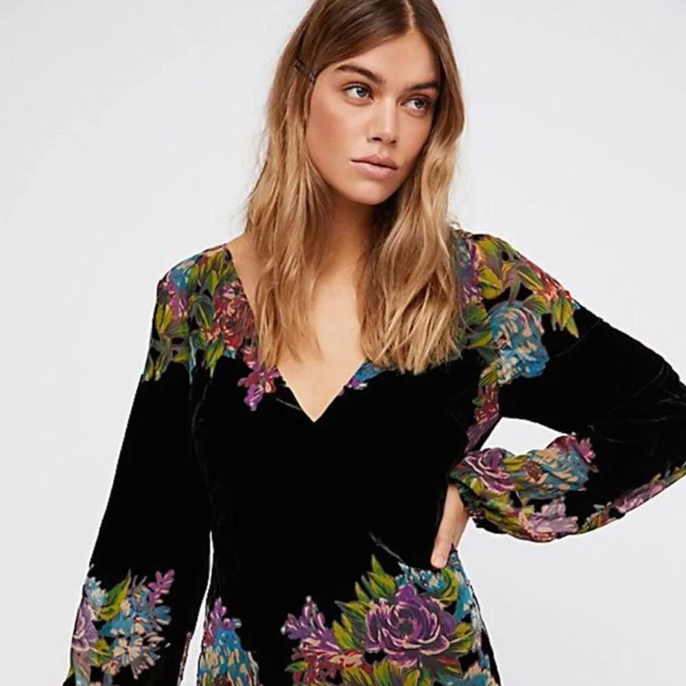 NWOT Free People Misha Burnout Velvet Floral Mini Dress Black Combo